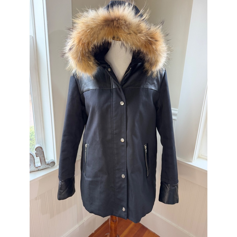 Sandro Fur Trim Parka Jacket Leather Panel Utility Hooded Coat Black Size 3 L